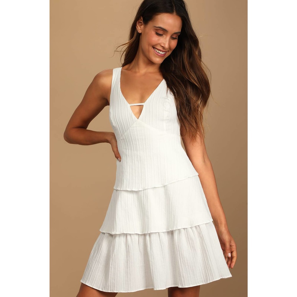 LULUS • By the Lake White Tiered Sleeveless Mini Dress Sz S - Picture 1 of 8